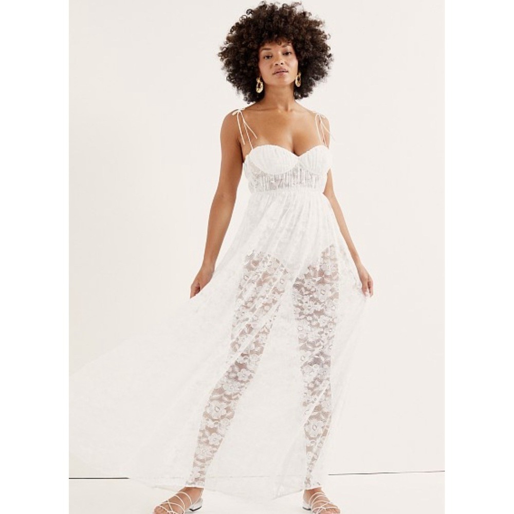 For Love & Lemons $260 Lorena Dress White Maxi Floral Bridal Lace Fairy Ethereal